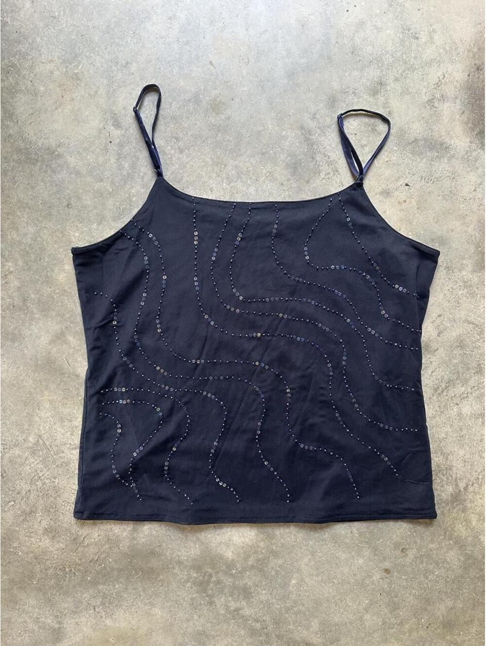 Y2K Next Navy Blue Beaded Sequin Mesh Cami Top Size 8